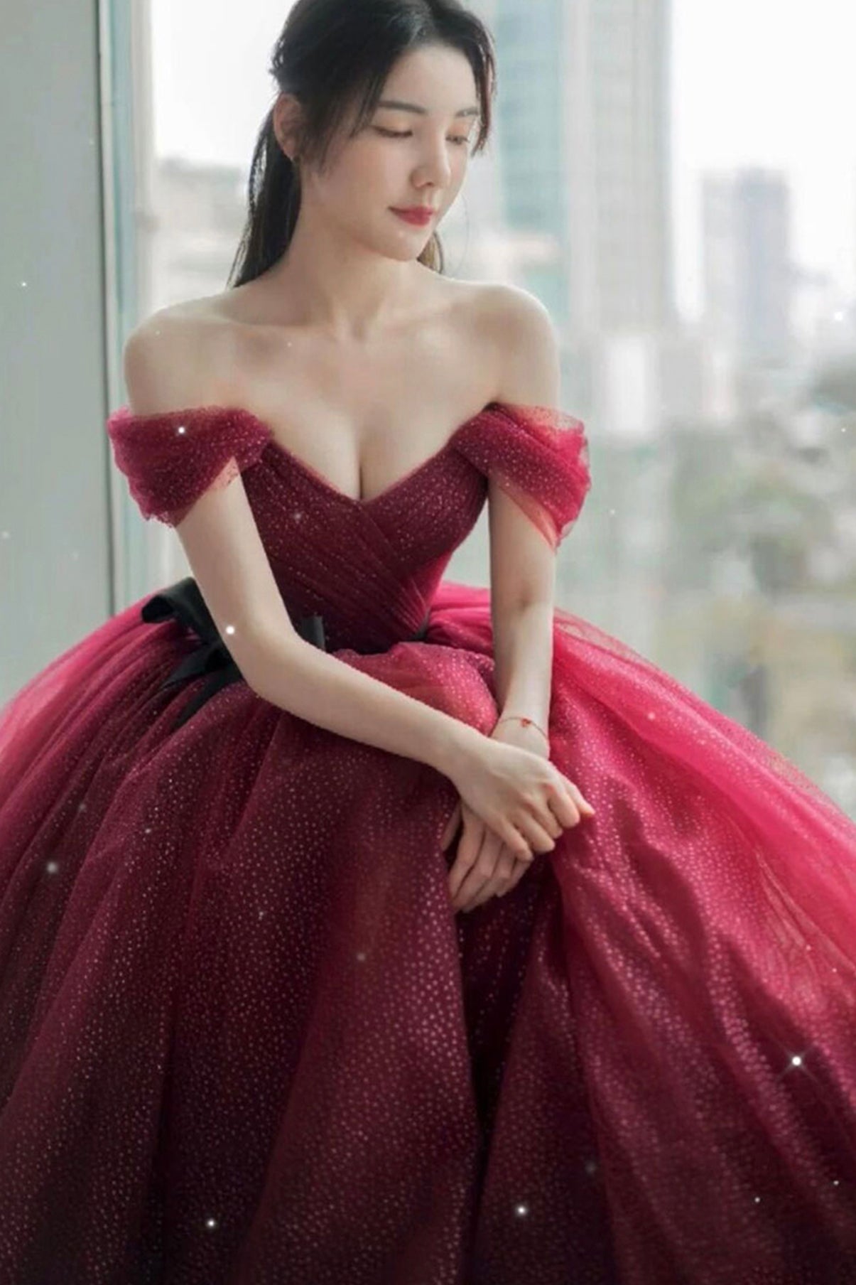 Burgundy tulle long A line prom dress evening dress 8856