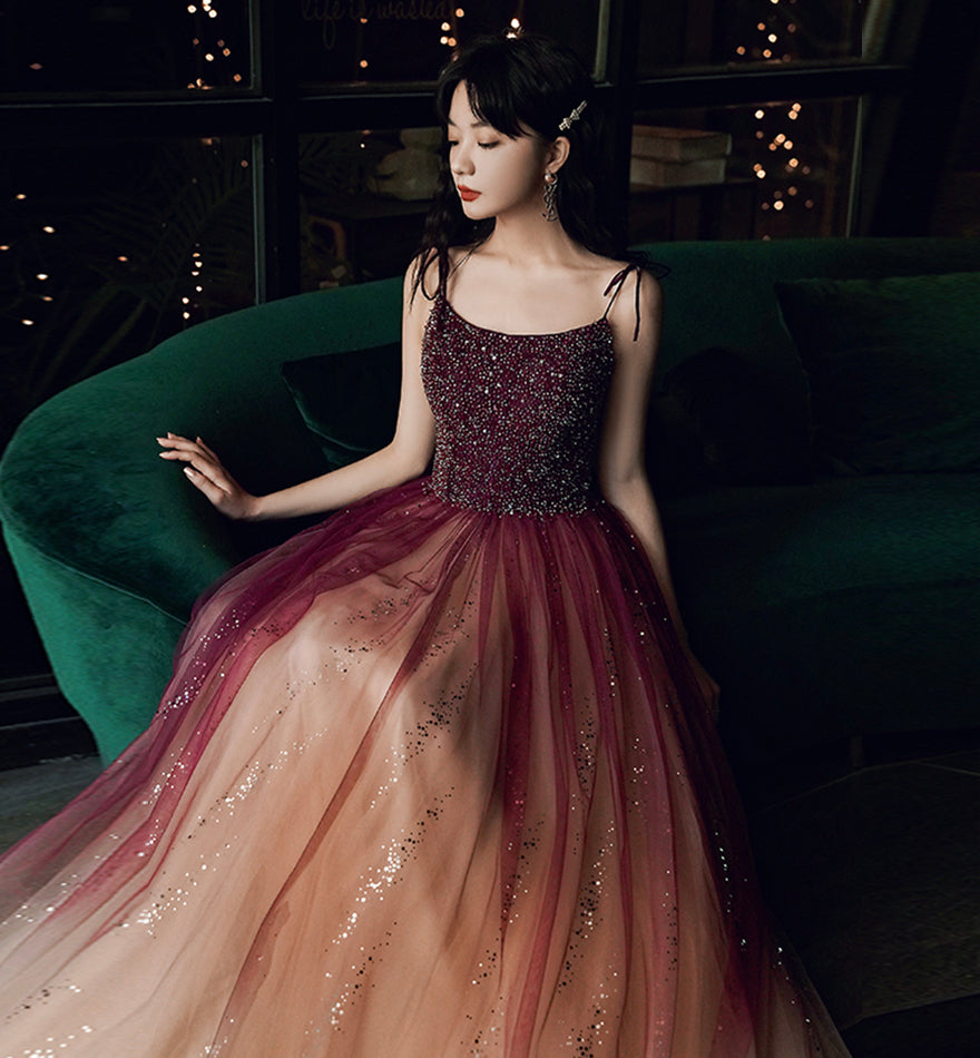 Burgundy tulle beads long prom dress evening dress 8459