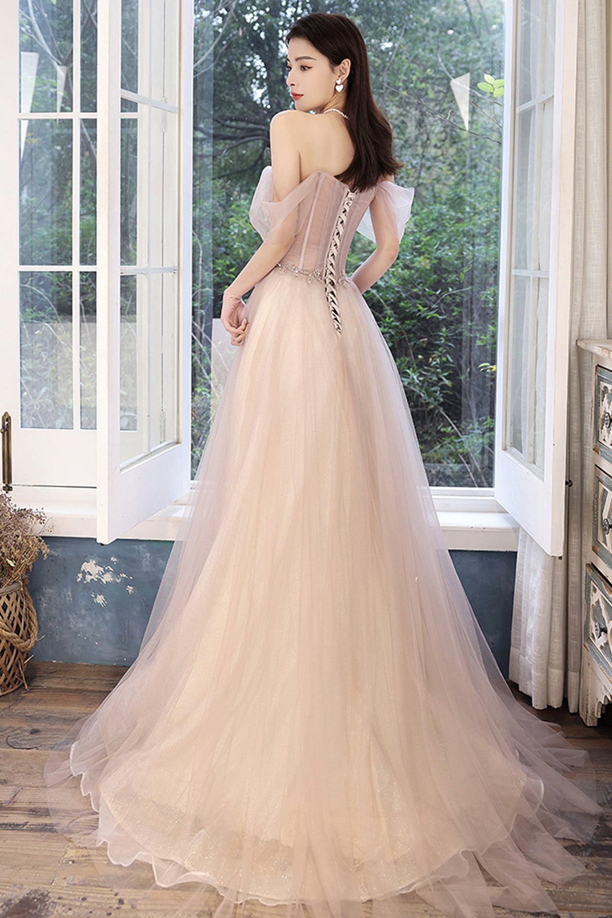 Stylish tulle sequins long prom dress evening dress 8714