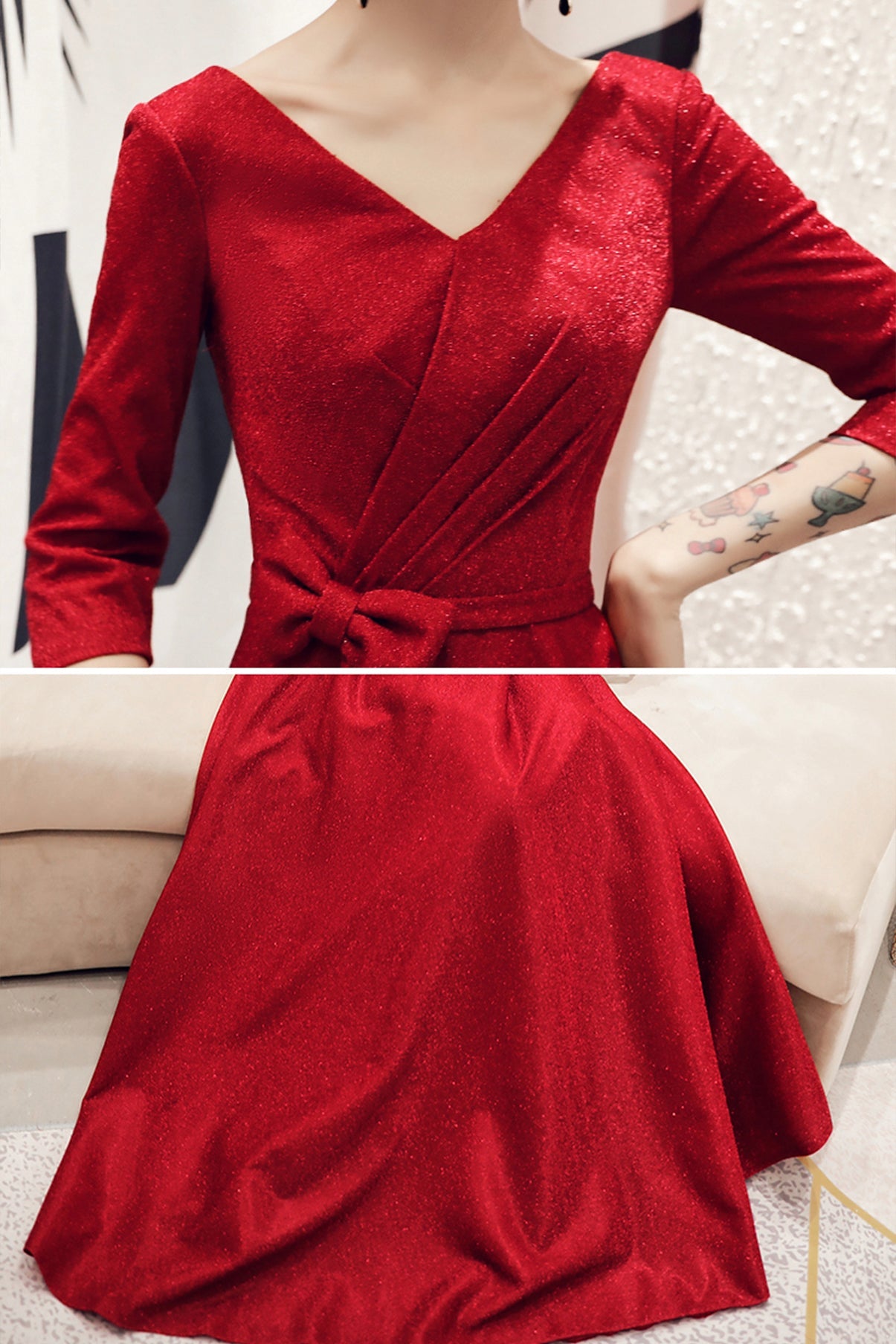 Burgundy v neck long A line prom dress evening dress 8758