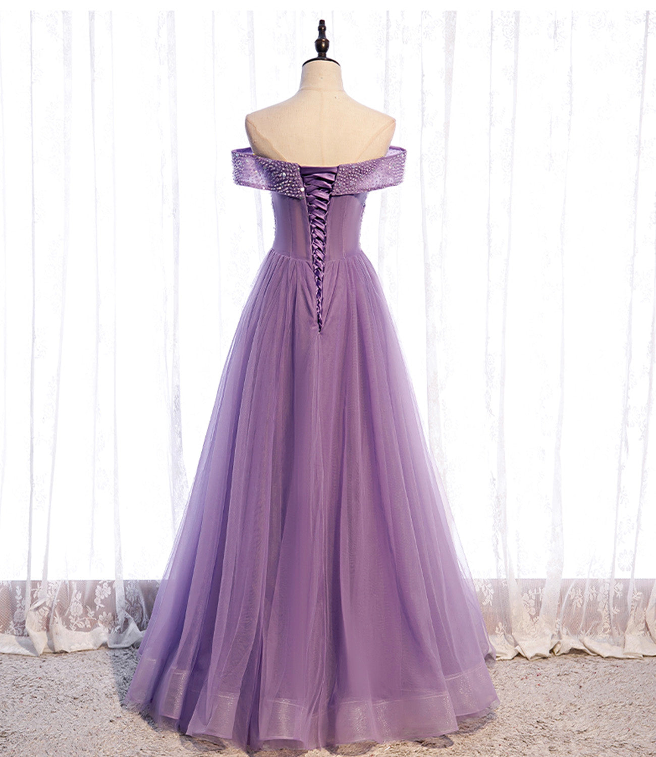 Purple tulle beads long A line prom dress evening dress 8790