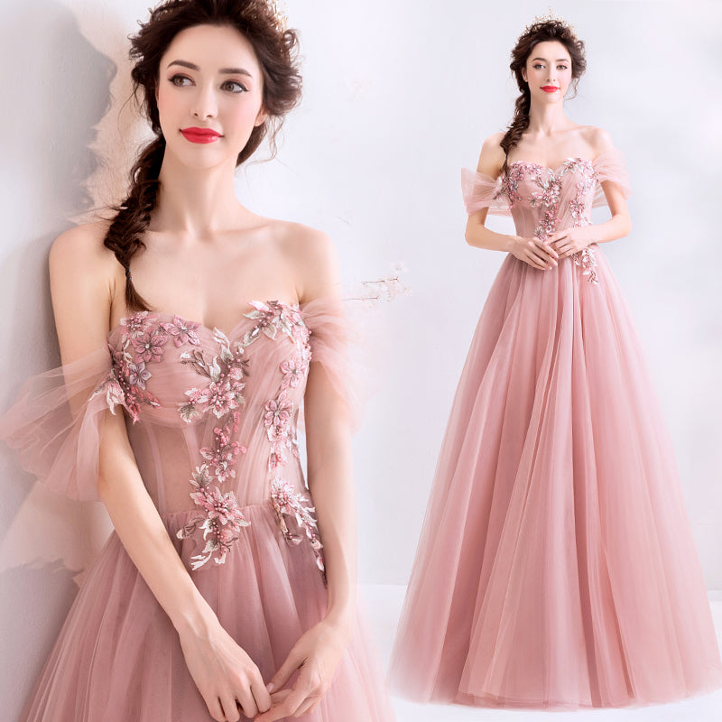 Pink tulle lace long prom dress, pink evening dress 8077