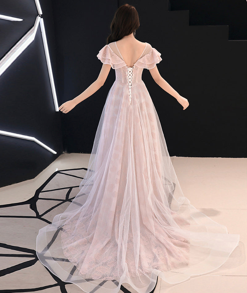 Pink lace tulle long prom dress pink evening dress 8372