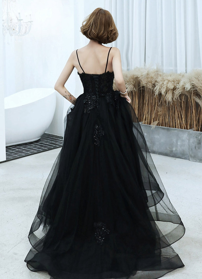 Black v neck tulle beads long prom dress evening dress 8213