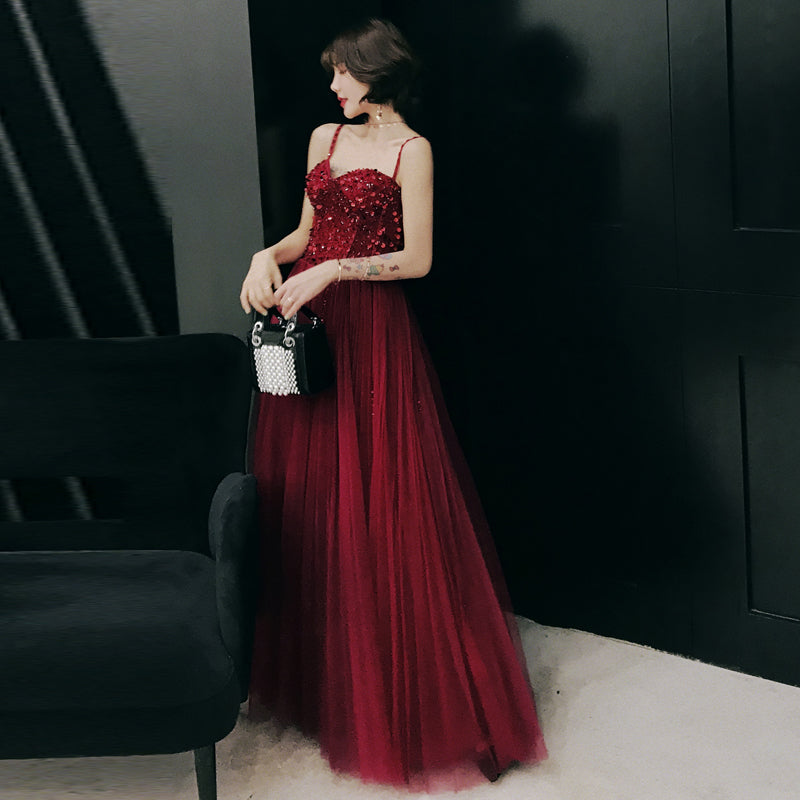Burgundy sweetheart neck tulle long prom dress, evening dress 7971