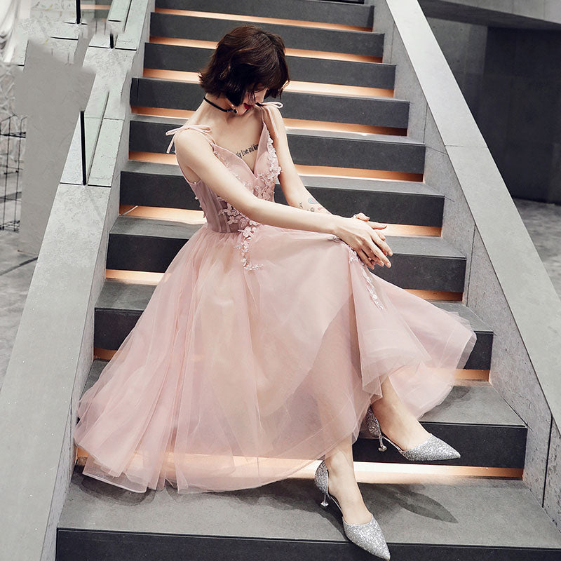 Pink v neck tulle lace short prom dress, evening dress 7987