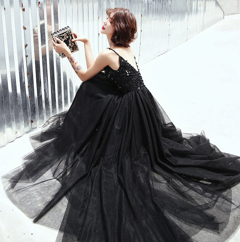 Black v neck tulle sequins long prom dress, evening dress 8133