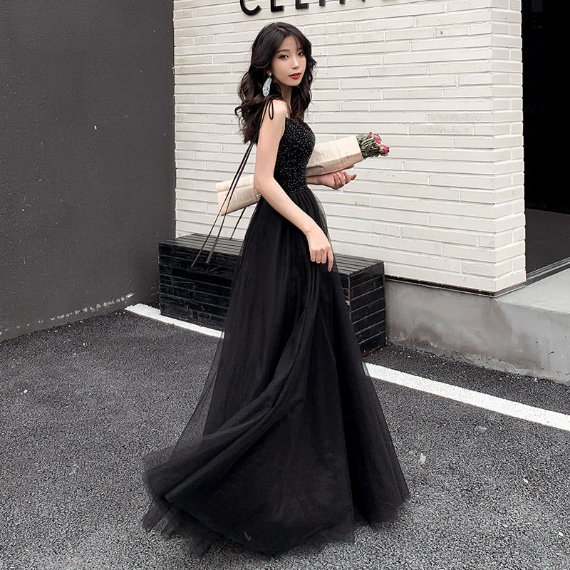 Black tulle beads long prom dress, black evening dress 8028