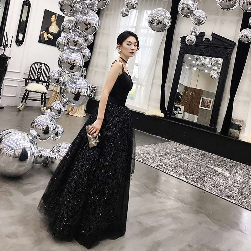 Black sweetheart neck tulle long prom dress, black dress 8079