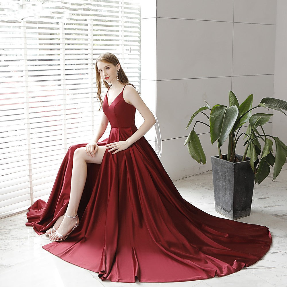 Burgundy satin long prom dress 8352