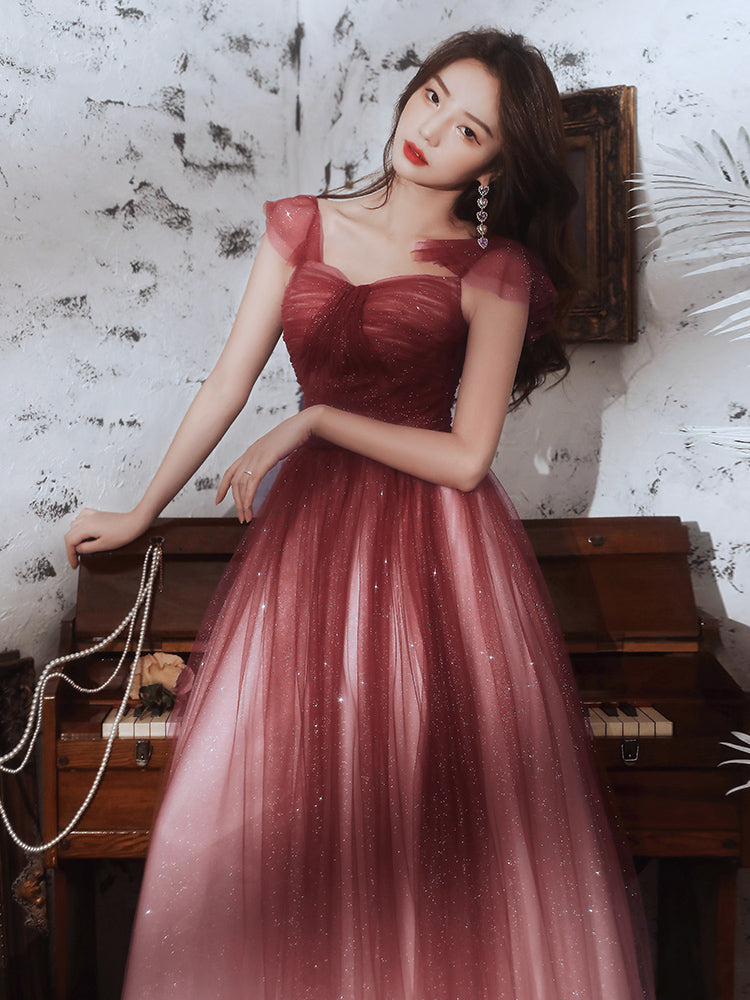 Burgundy tulle sequins long prom dress 8313