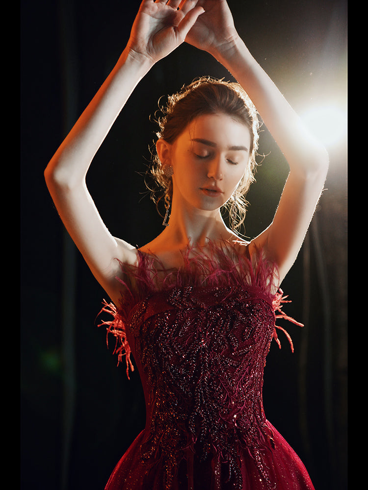 Unique burgundy lace prom dress formal dress 8237