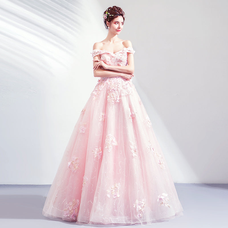 Pink tulle lace long prom gown formal dress 8259