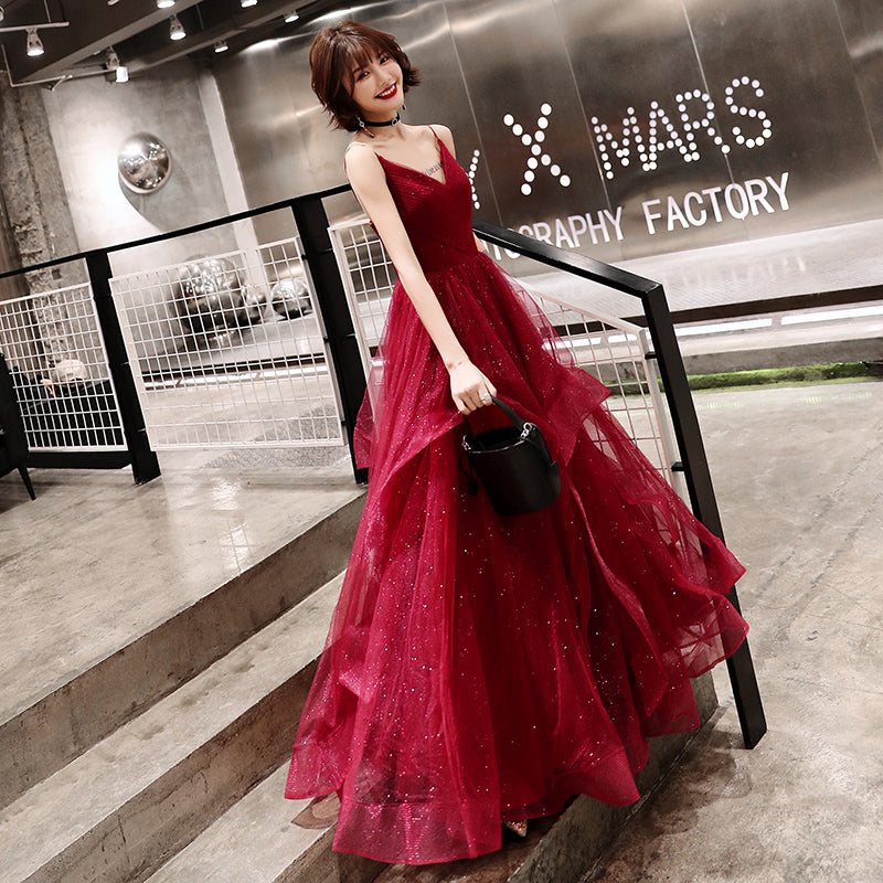 Stylish v neck tulle long prom dress, evening dress 8058