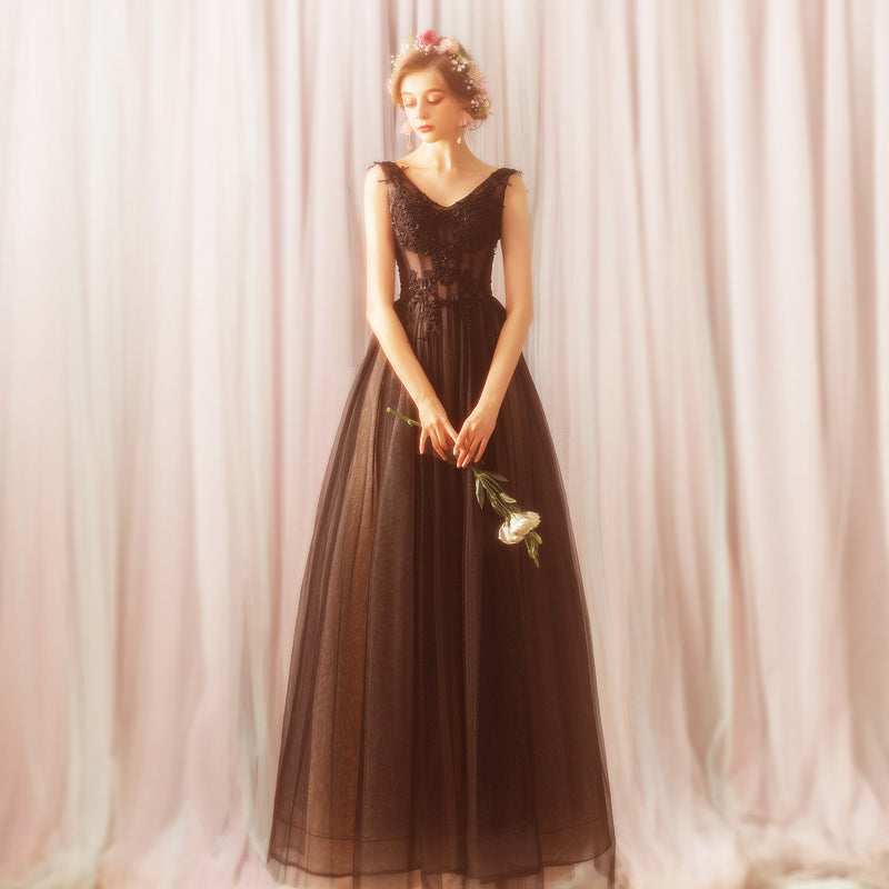 Black v neck tulle lace long prom dress, lace evening dress 7849