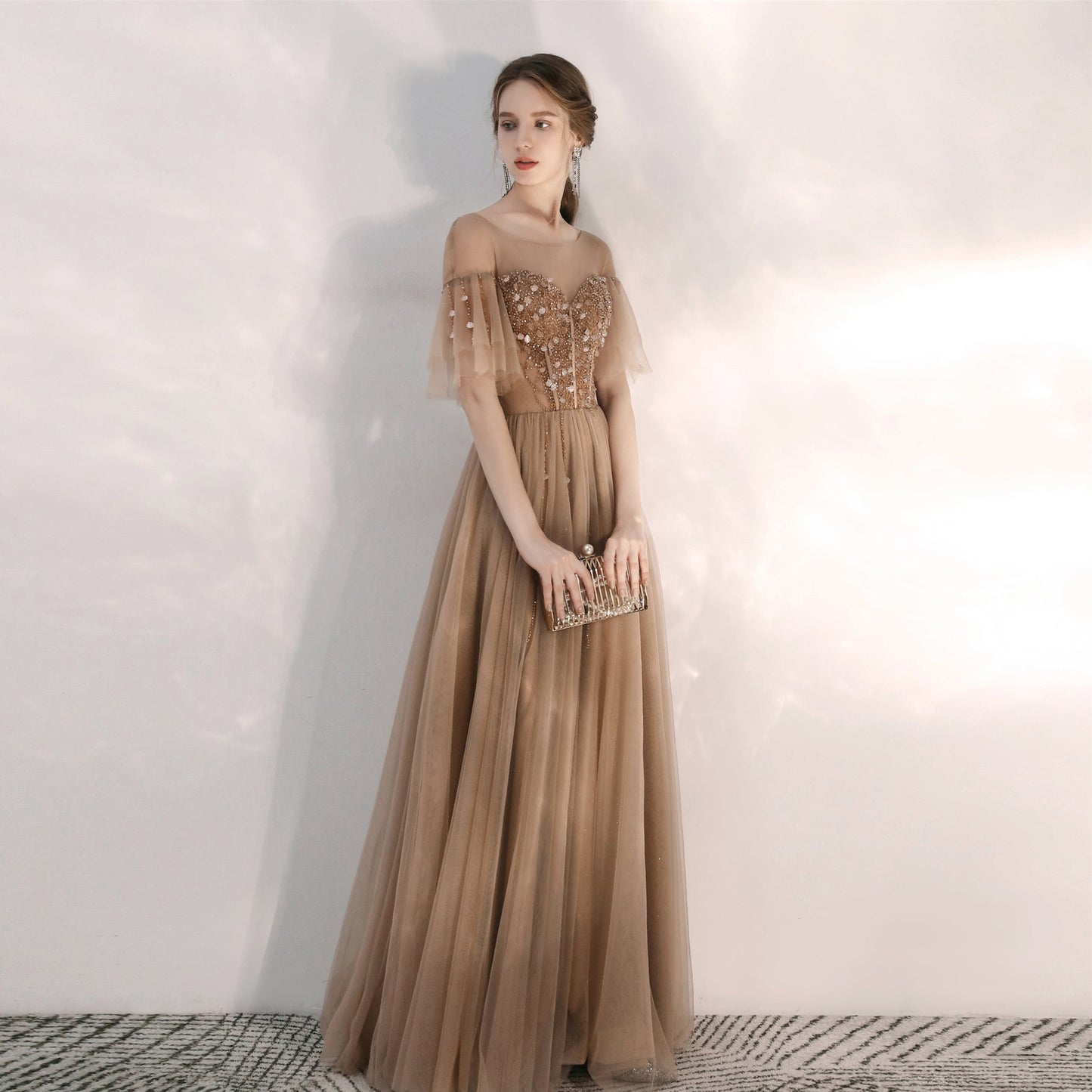 Elegant tulle sequins long prom gown 8165
