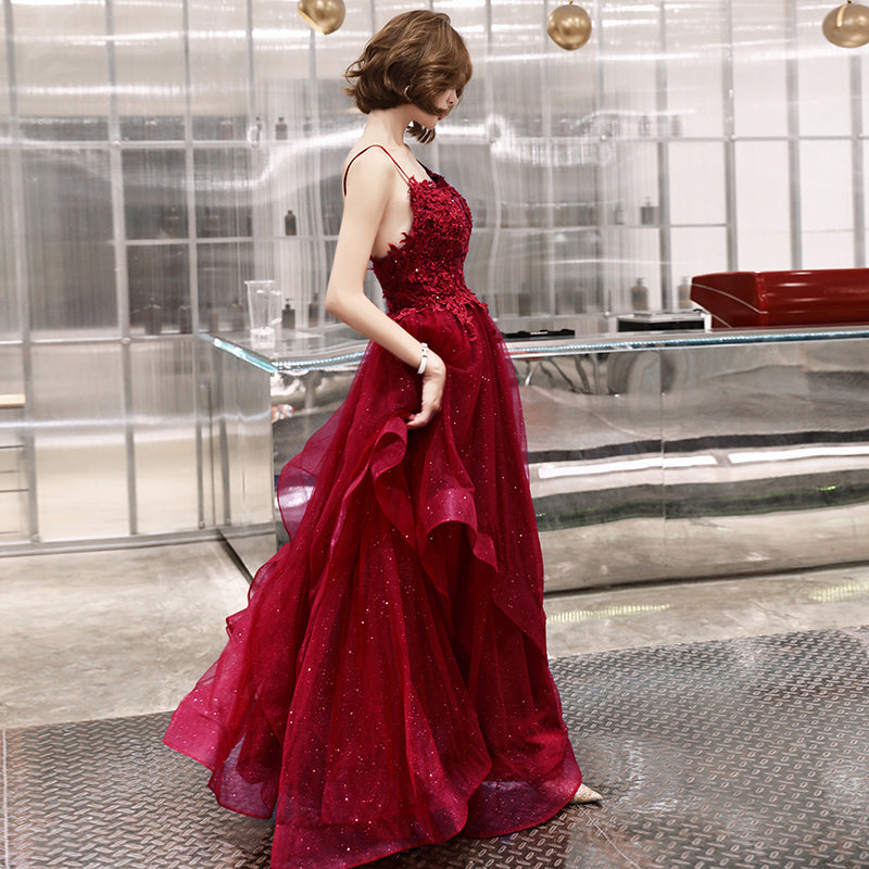Burgundy lace tulle long A line prom dress 8220