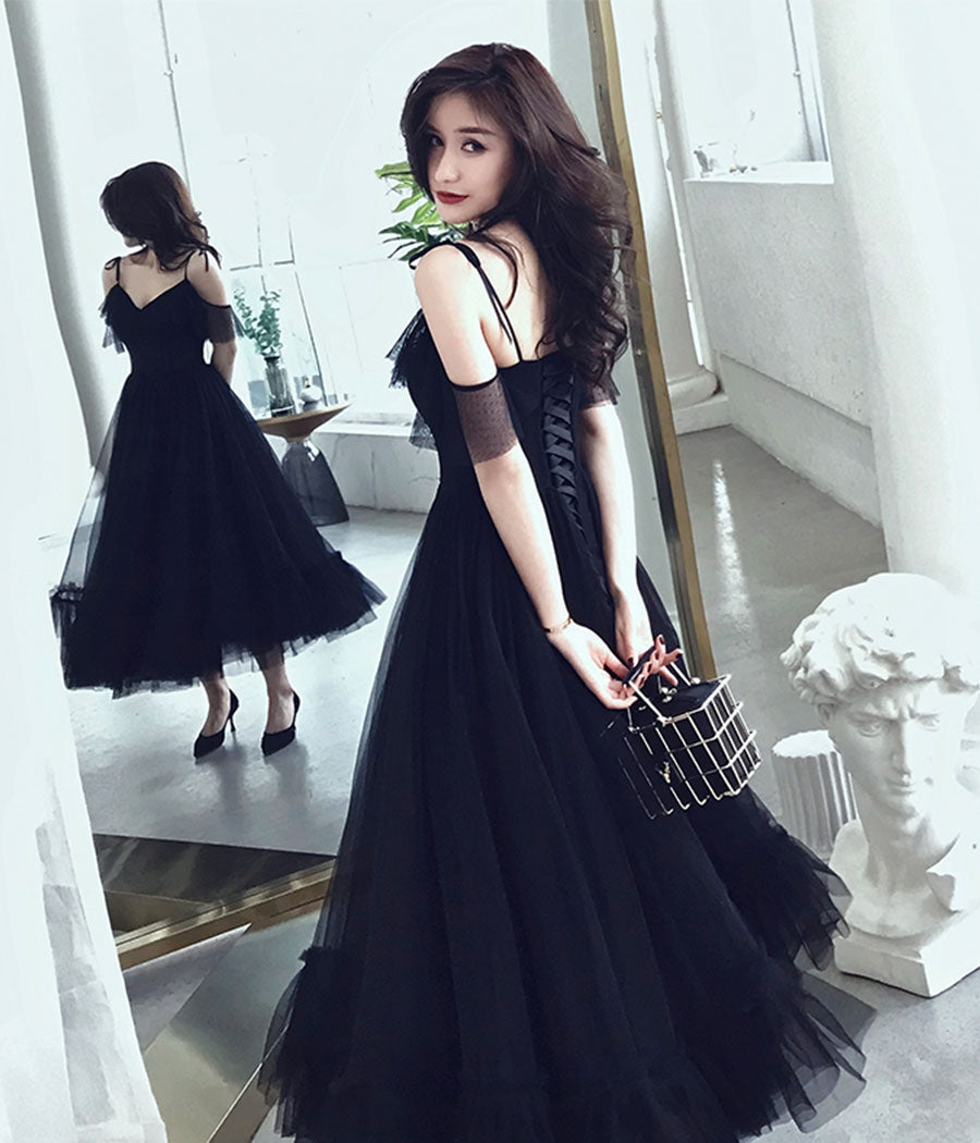 Black tulle tea length prom dress 8356