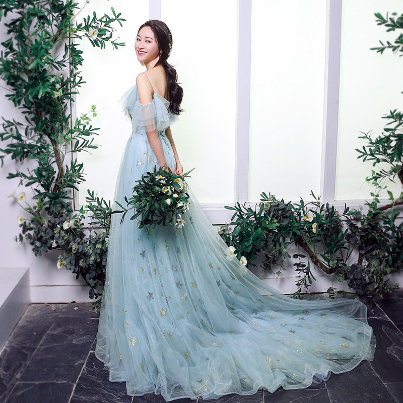 Blue tulle sequins prom dress formal dress 8298