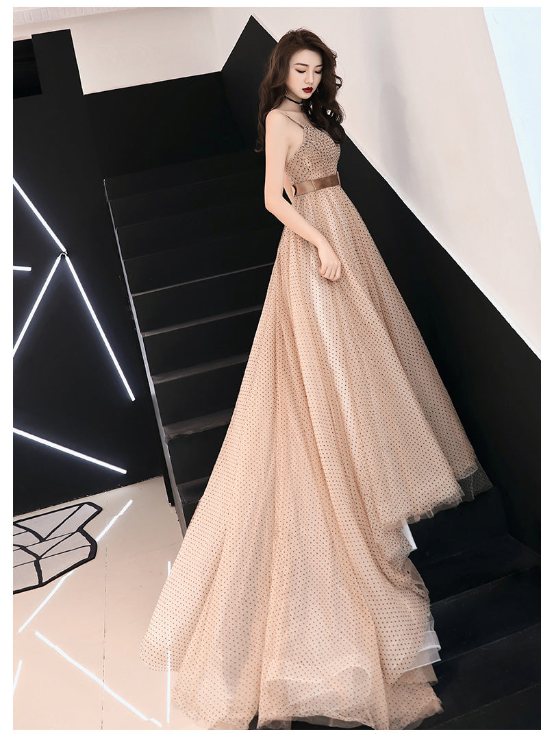 Stylish v neck tulle long prom dress, evening dress 7908