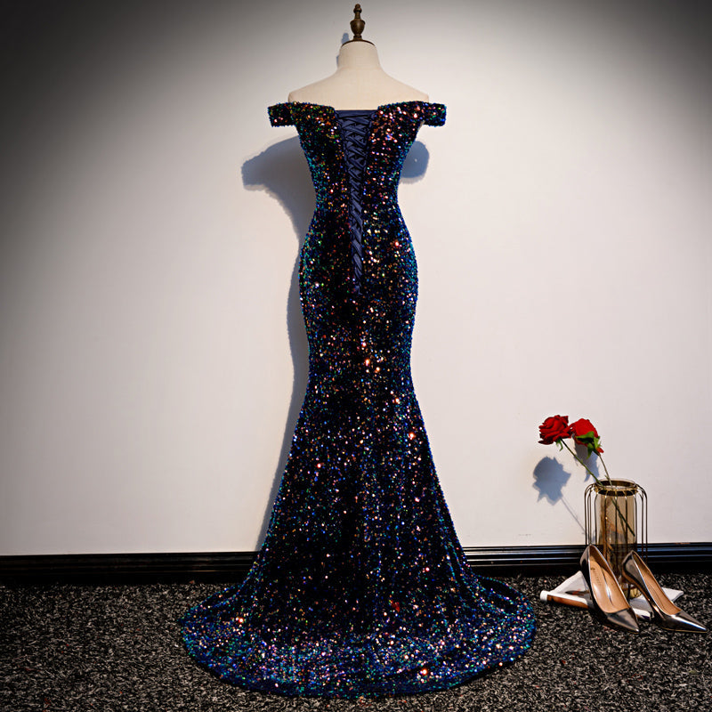 Black Fashion Elegant Shiny Sequin Long Ball Gown Evening Dress Party Dress 8205