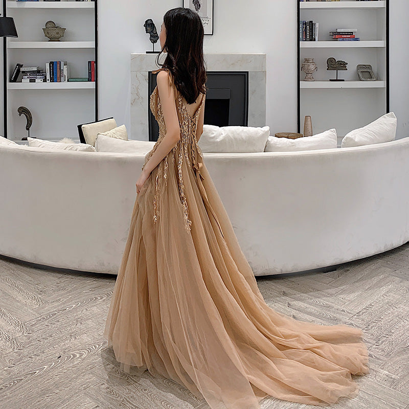 Stylish v neck tulle long prom dress, evening dress 8024