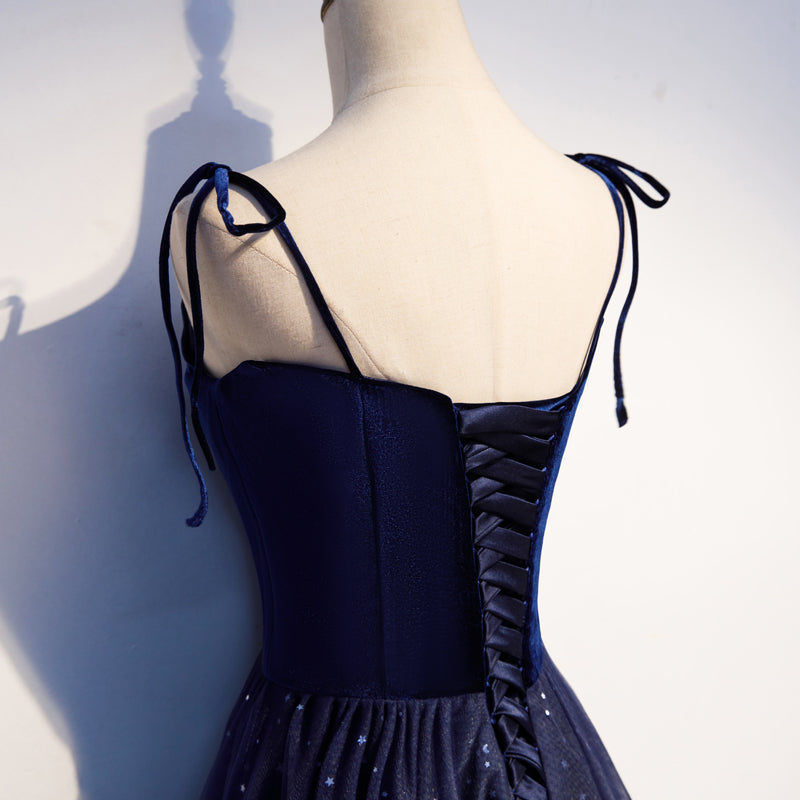 Blue tulle velvet long prom dress, blue evening dress 7914