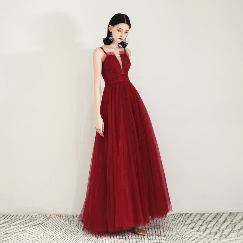 Burgundy tulle long prom dress 8168