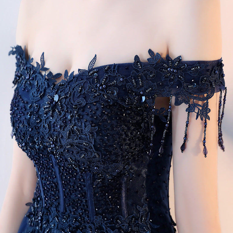Blue tulle beads long prom dress, blue evening dress 8152