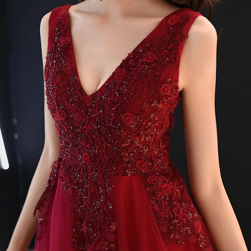 Burgundy v neck tulle lace long prom dress, evening dress 8004