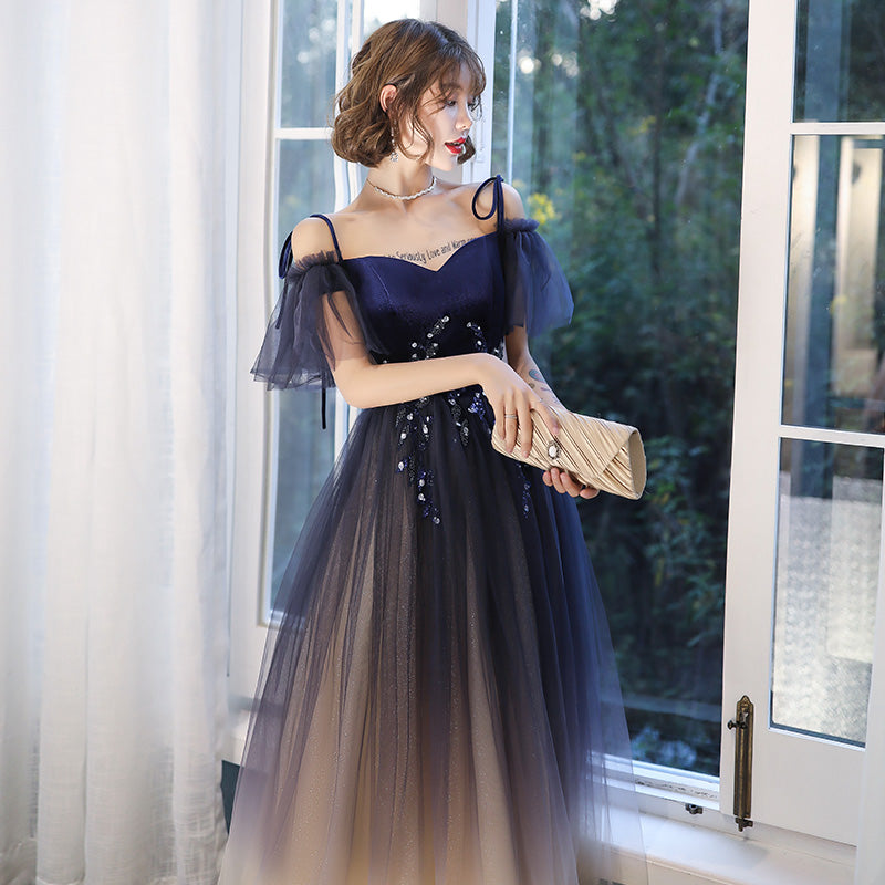 Blue tulle velvet long prom dress 8195