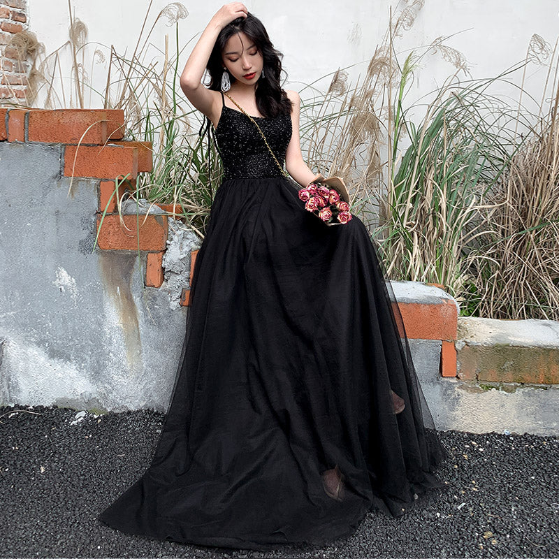 Black tulle beads long prom dress, black evening dress 8028