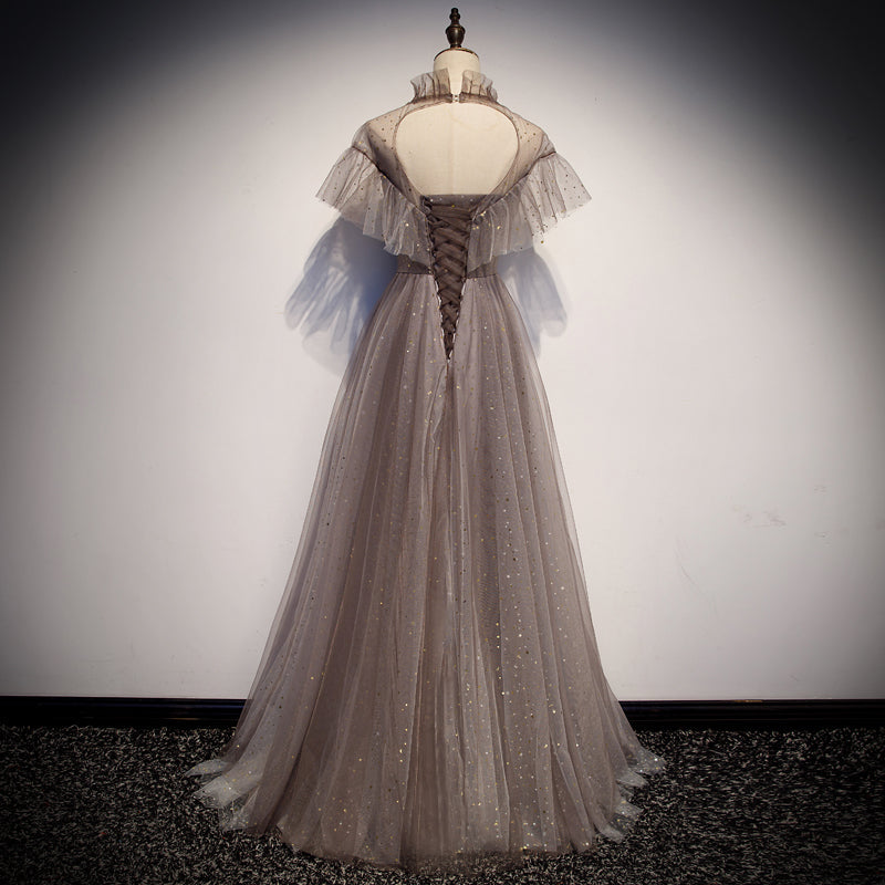 Elegant tulle round neck long prom dress, evening dress 8110