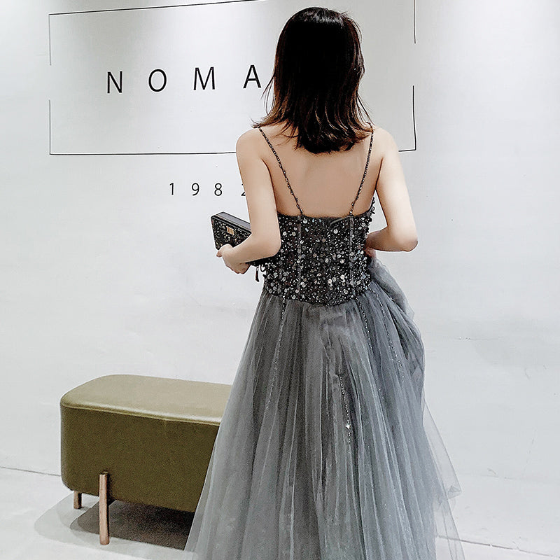 Gray sweetheart neck tulle beads long prom dress, evening dress 8064