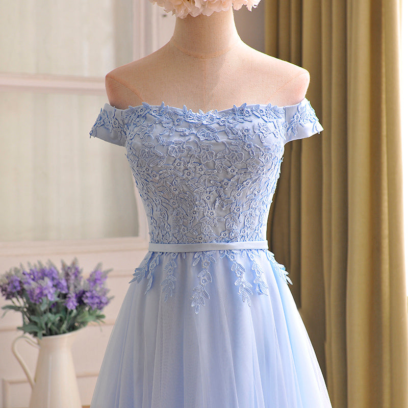 Blue tulle lace long prom dress, blue evening dress 8012
