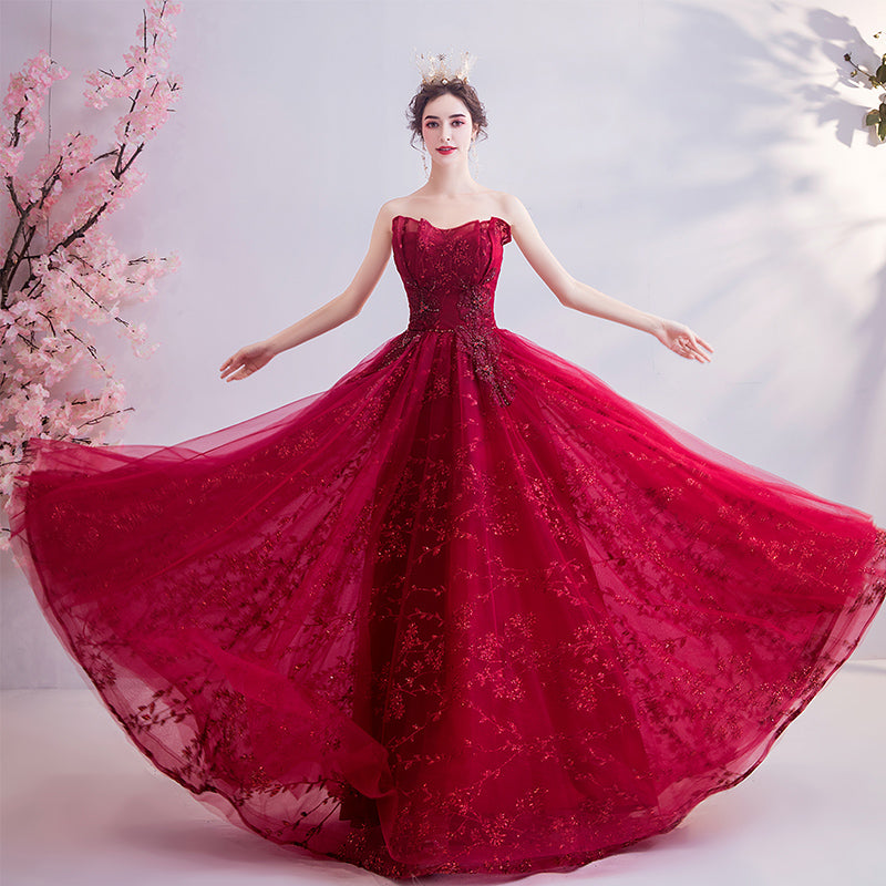 Burgundy lace long prom dress evening dress 8202