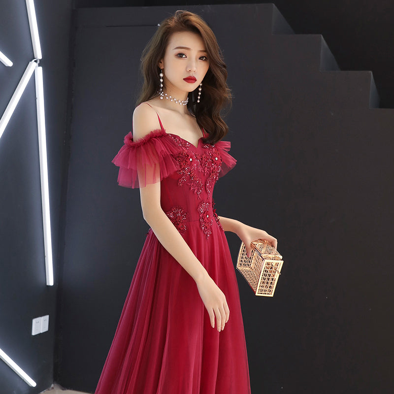 Burgundy tulle lace long prom dress, burgundy evening dress 7967