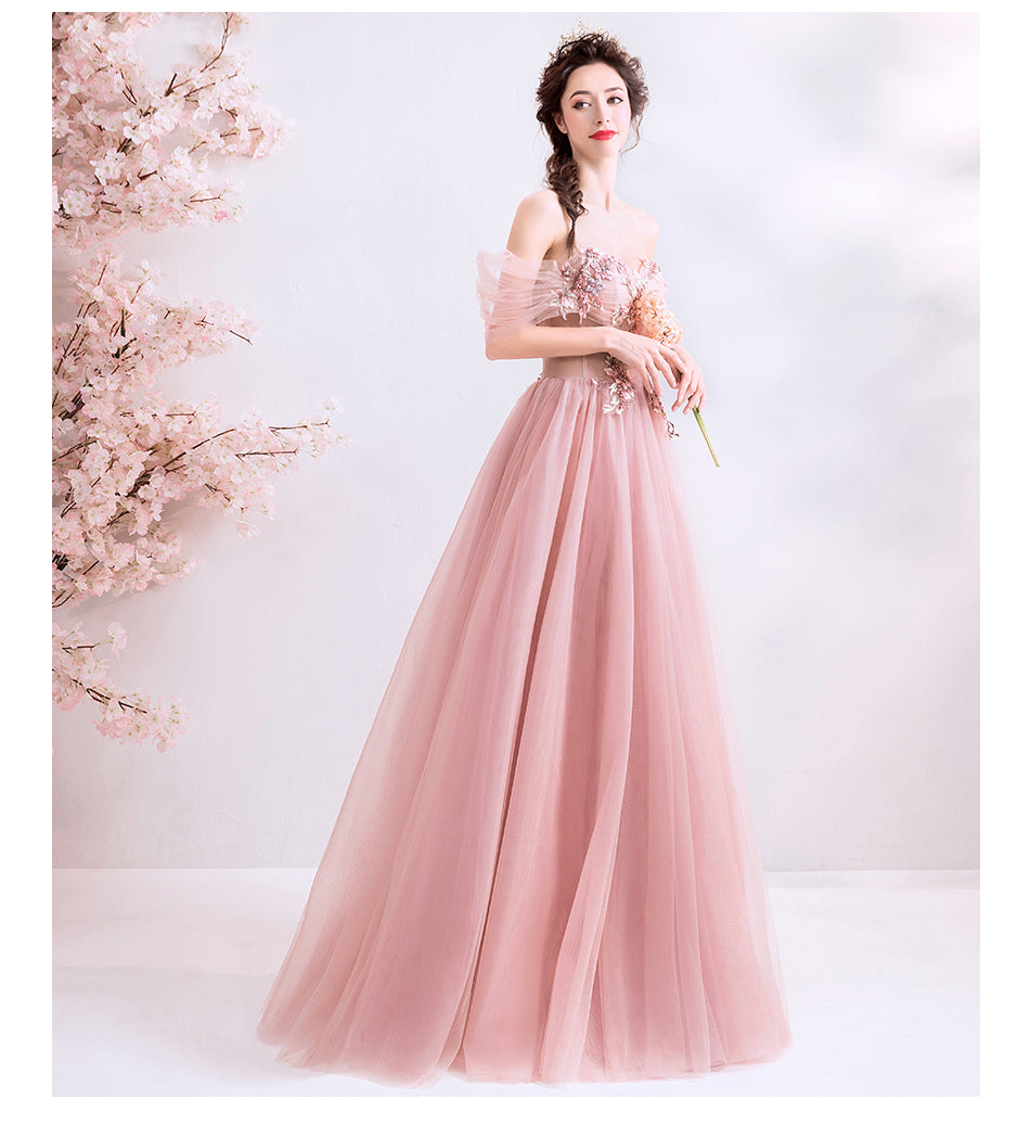 Pink tulle lace long prom dress, pink evening dress 8077
