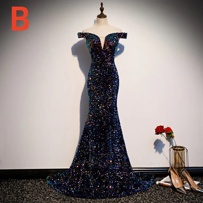 Black Fashion Elegant Shiny Sequin Long Ball Gown Evening Dress Party Dress 8205