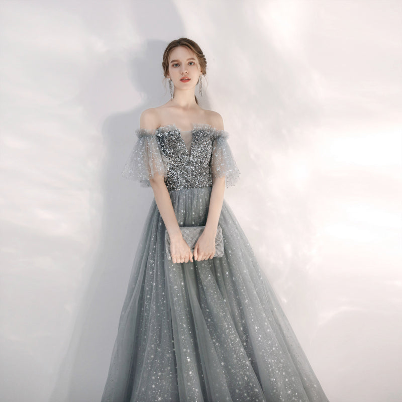 Gray tulle sequins long prom gown 8169