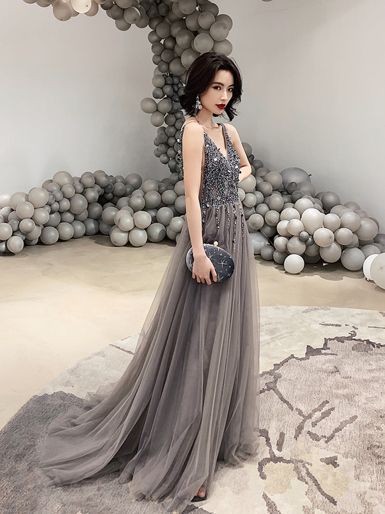 Dark gray v neck tulle long prom dress, evening dress 8057