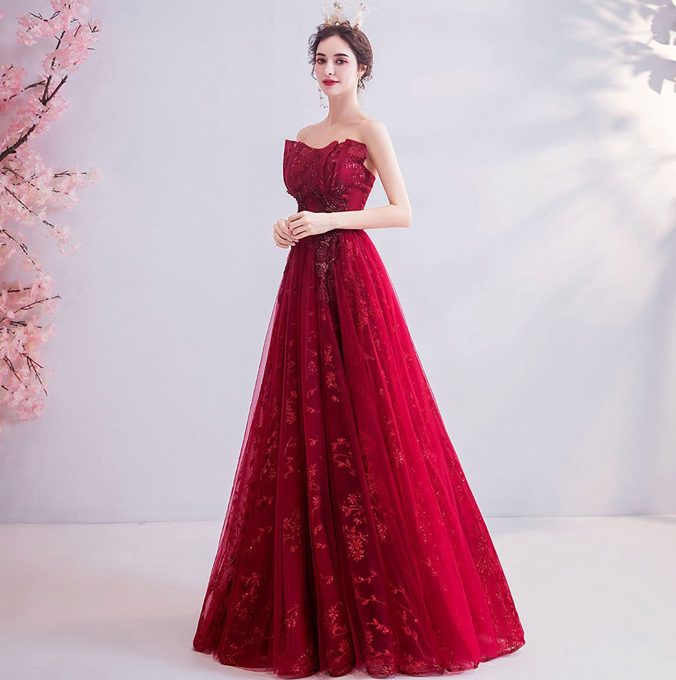 Burgundy lace long prom dress evening dress 8202