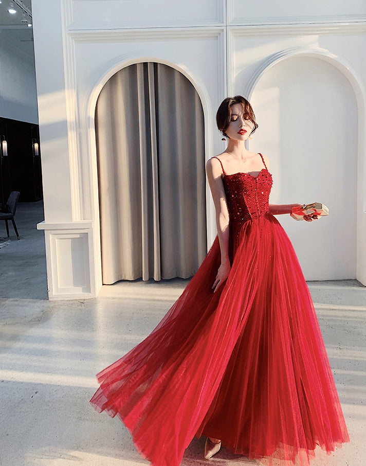Cute sweetheart neck tulle beads long prom dress, formal dress 7965