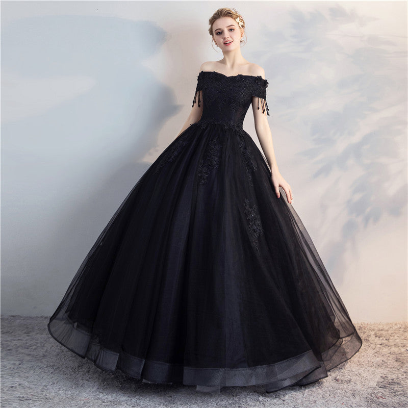 Black tulle lace long prom gown, cheap evening dress 8137