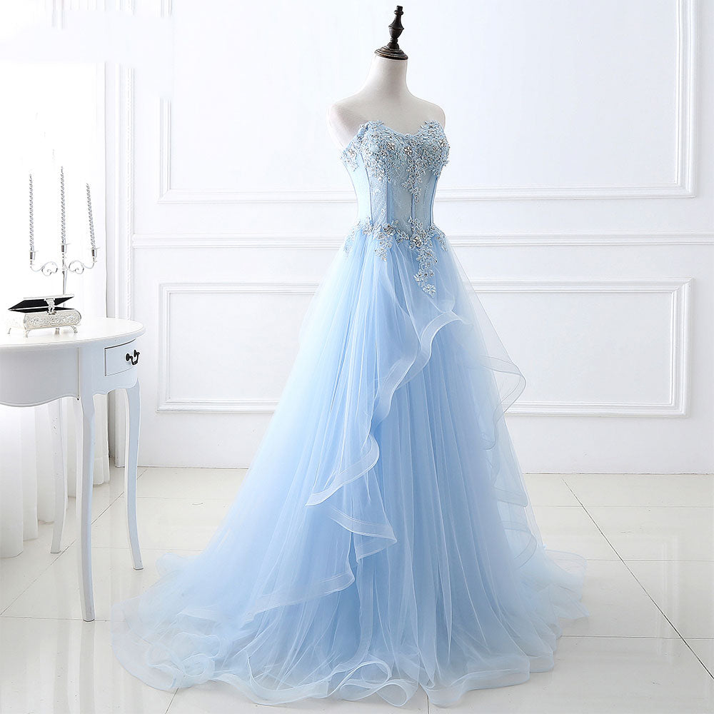 Blue tulle lace long prom dress, blue lace evening dress 8039