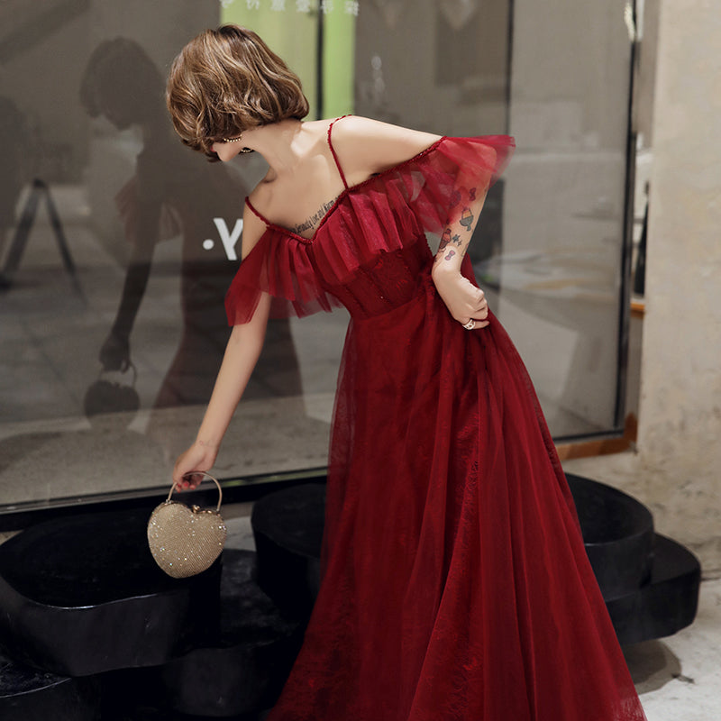 Burgundy lace long prom dress simple evening dress 8227