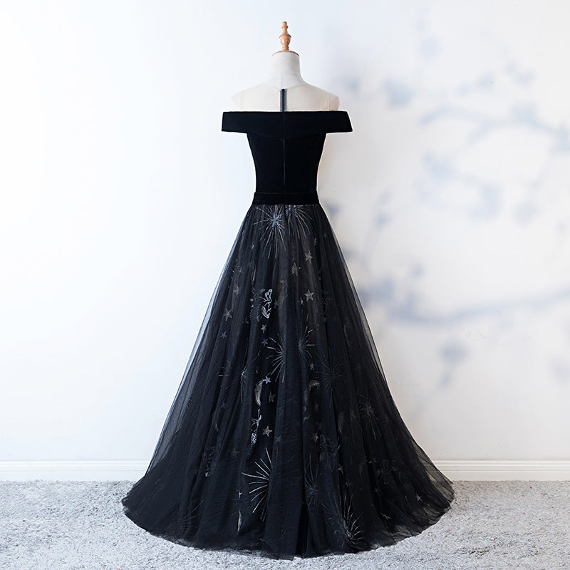 Black tulle velvet long prom dress, evening dress 7992