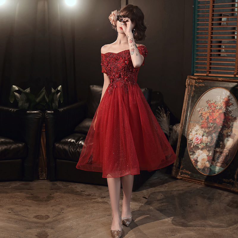 Burgundy lace tulle short prom dress homecoming dress 8364