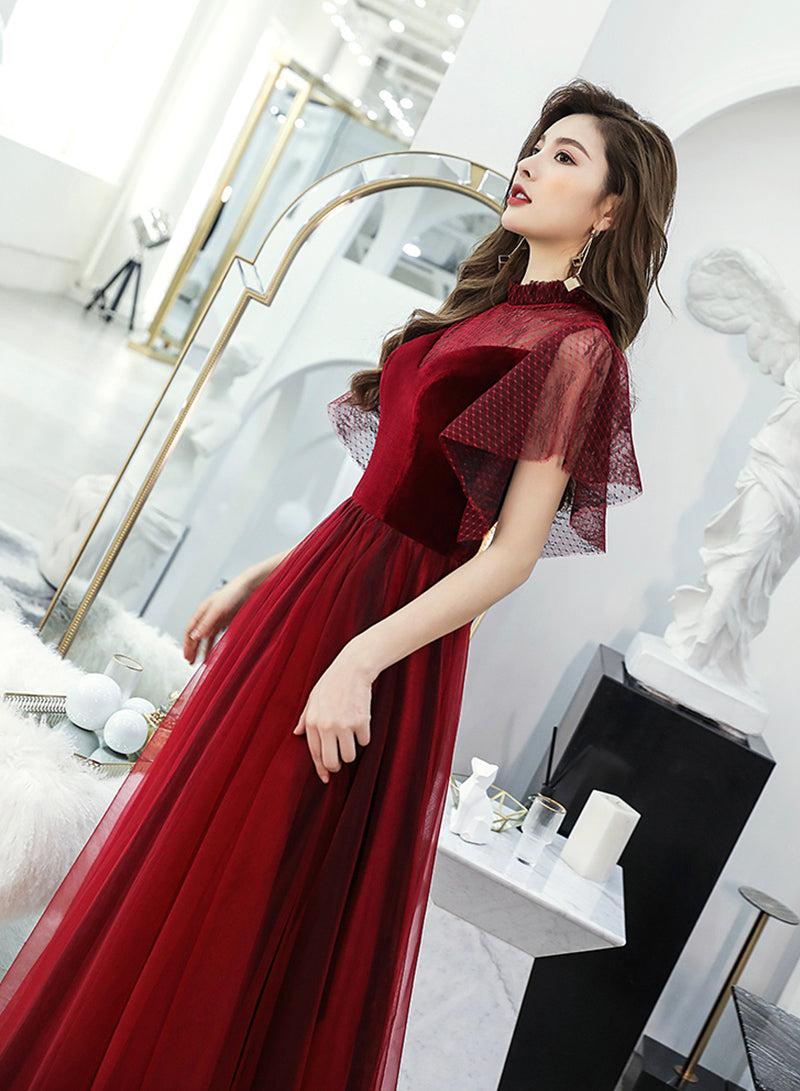 Burgundy velvet tulle prom dress burgundy evening dress 8380