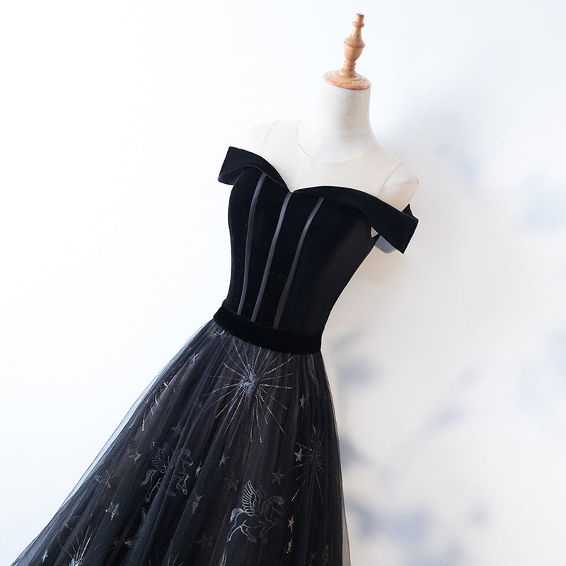 Black tulle velvet long prom dress, evening dress 7992
